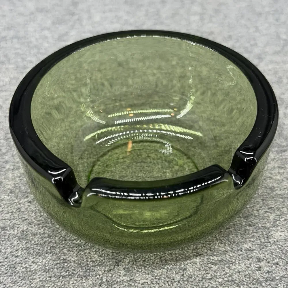 Vintage Olive Green Heavy Glass Round Ashtray 2 Slot Mid Century Modern 3.75
